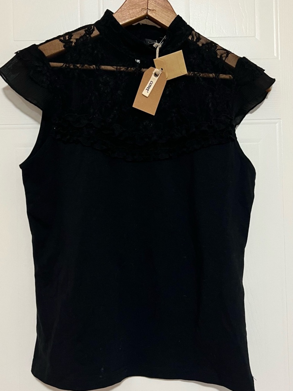 BNWT- Sleeveless Black Mock-Neck Top with Lace Yoke